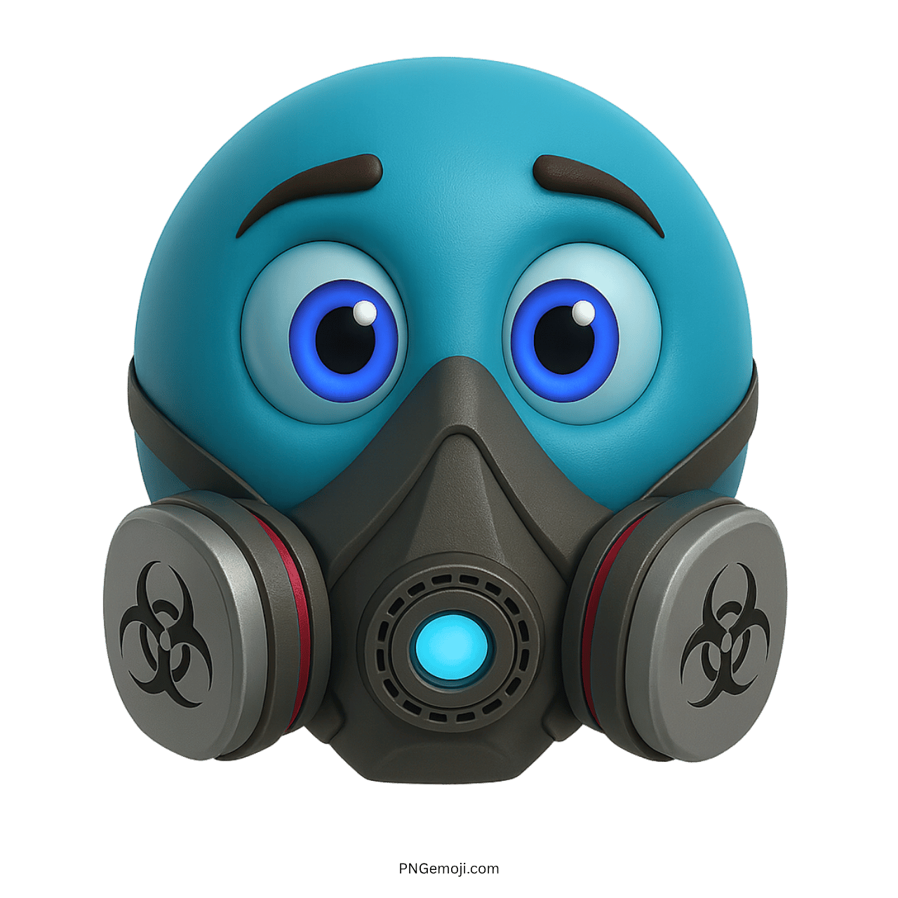 Blue 3D emoji wearing biohazard gas mask with big expressive cautious eyes