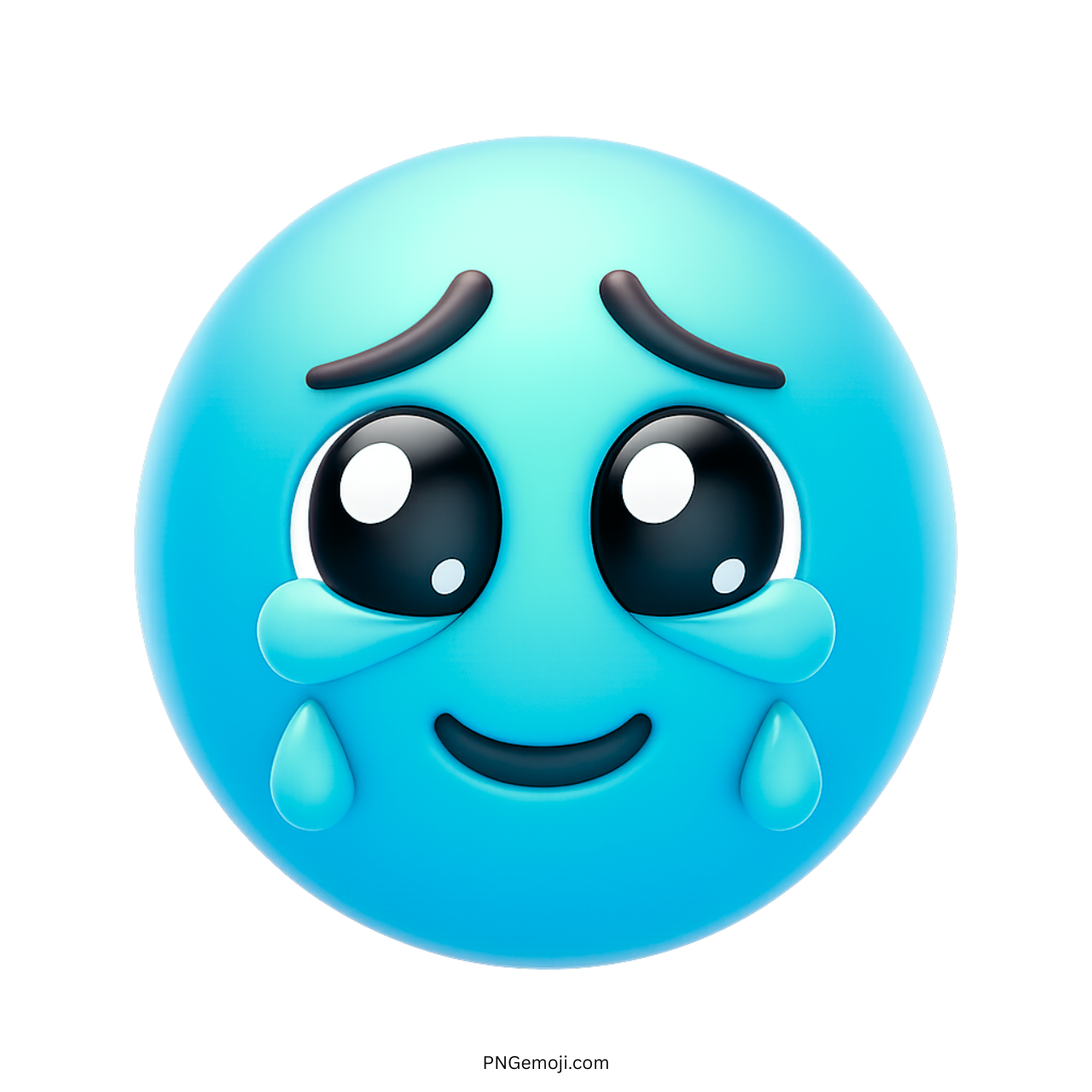 Blue face emoji holding back tears with expressive eyes and soft emotion