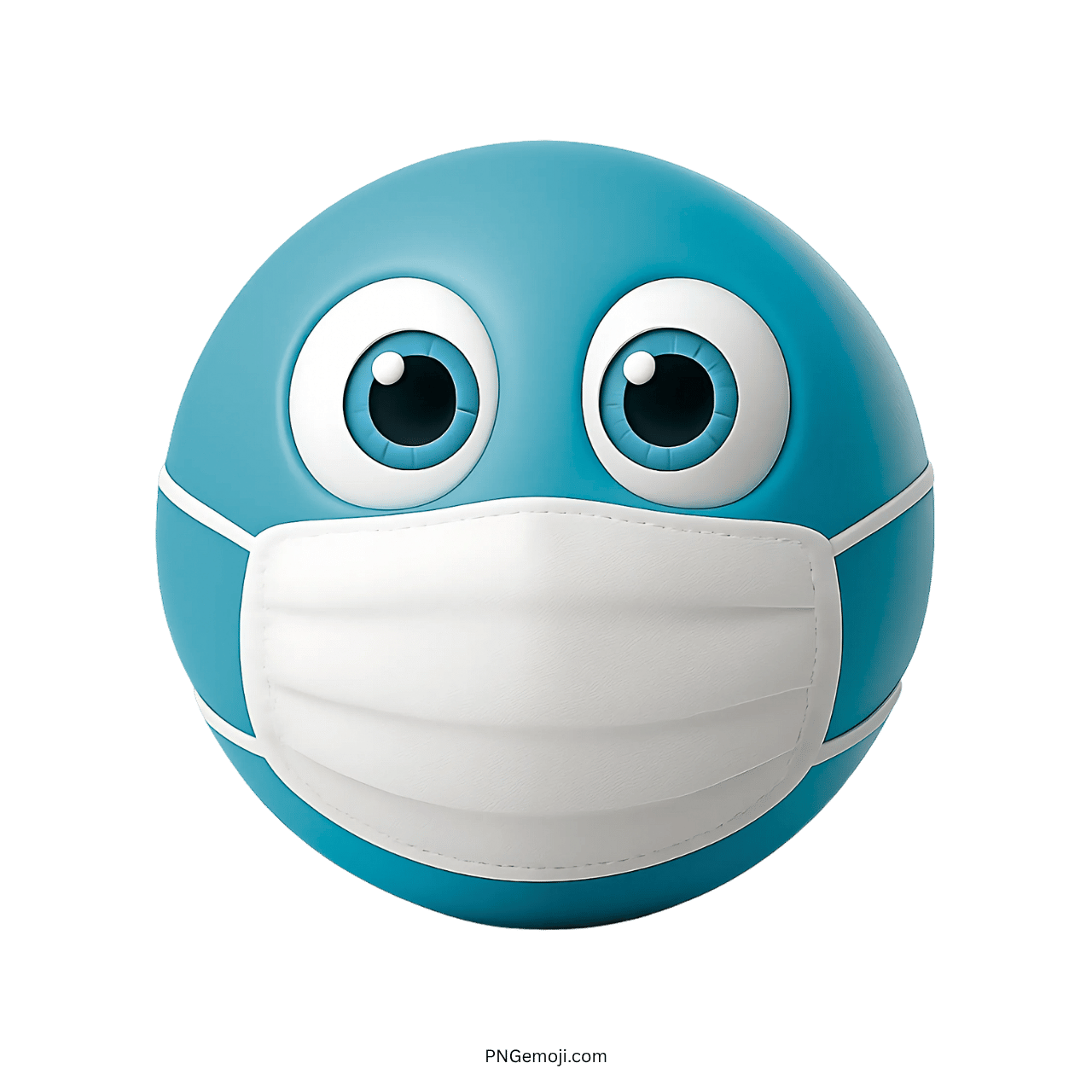 3D blue face emoji with white medical mask and big cartoon eyes