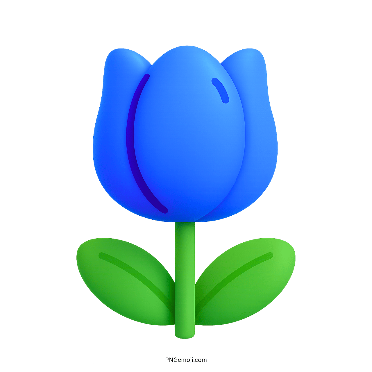 3D blue flower drawing PNG with green leaves and stem