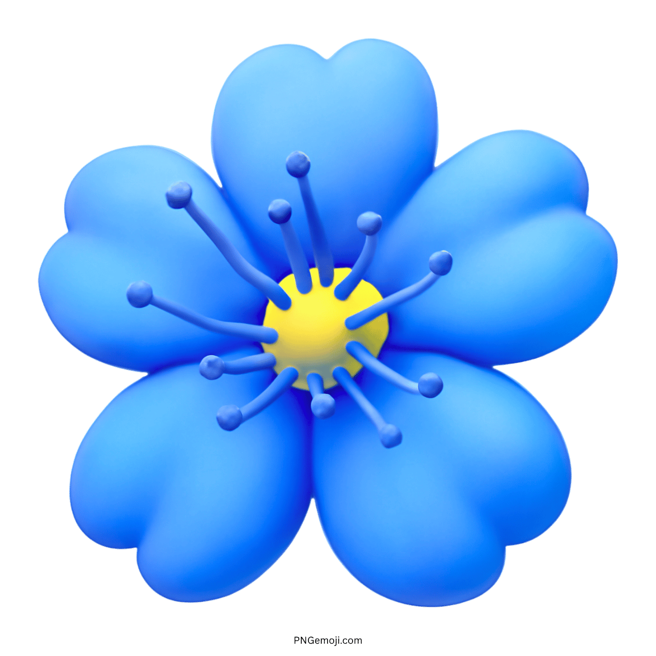 Blue 3D flower emoji with yellow center and delicate petals, PNG transparent background.