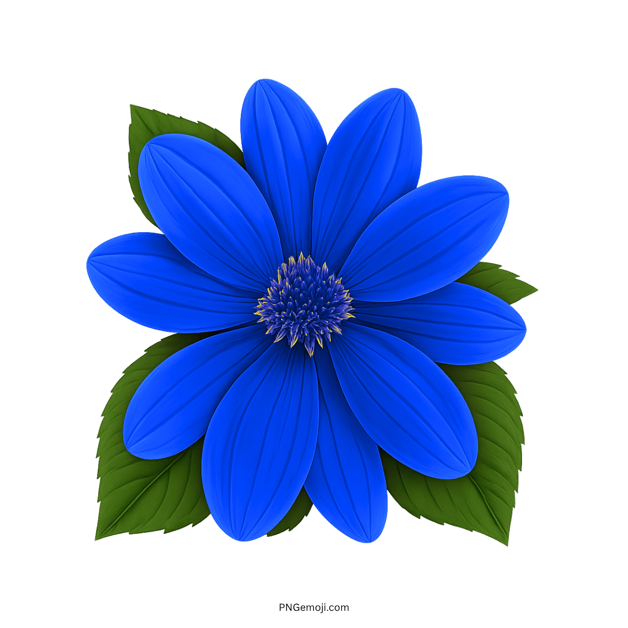 Beautiful blue flower with green leaves in a spring emoji style