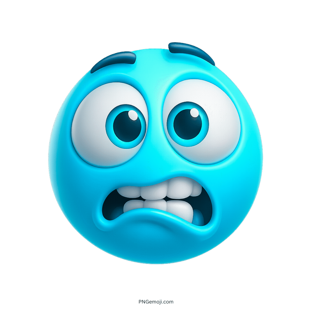 Blue goofy wacky emoji with big eyes and scared funny expression