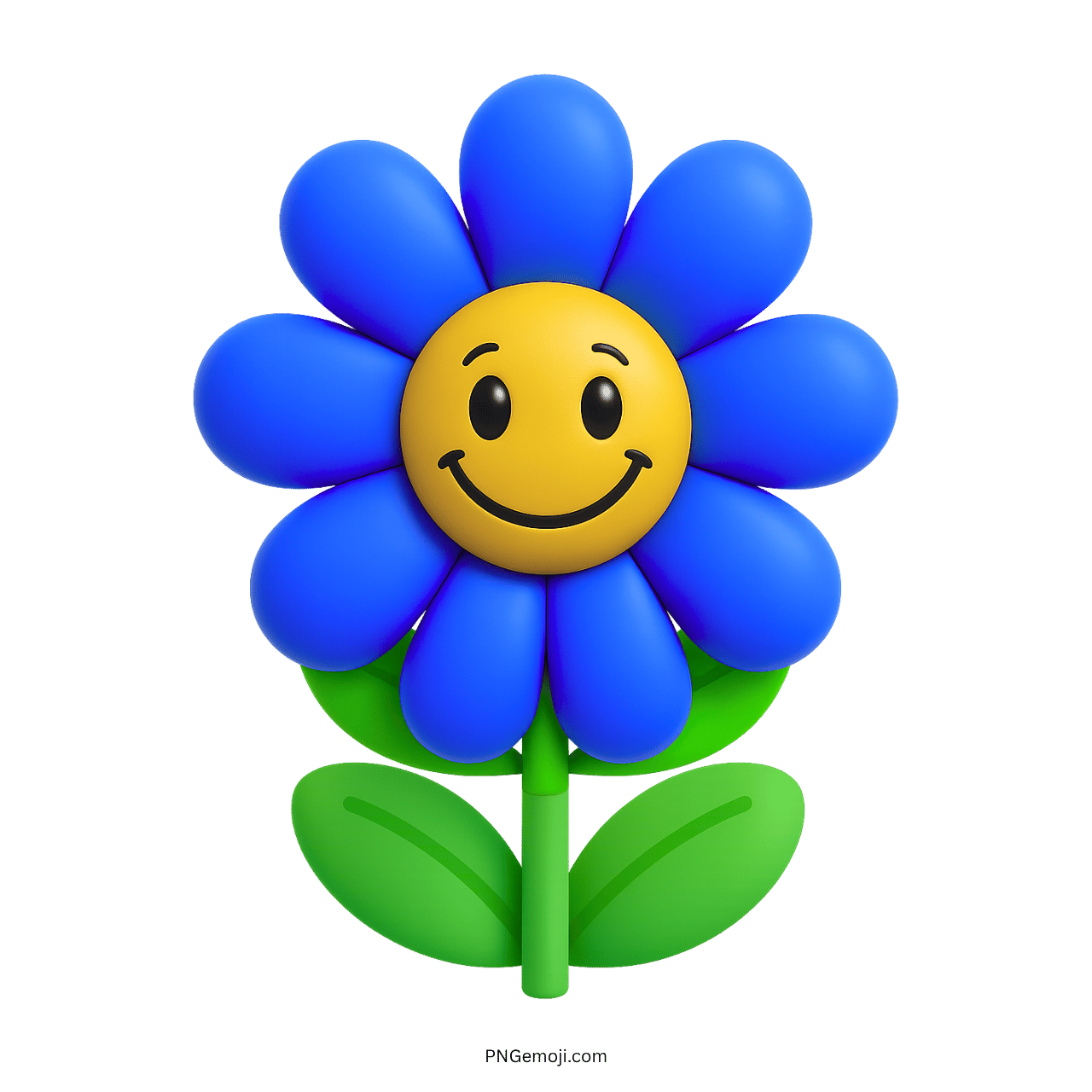 Blue smiling flower with yellow face, green leaves, and vibrant petals.