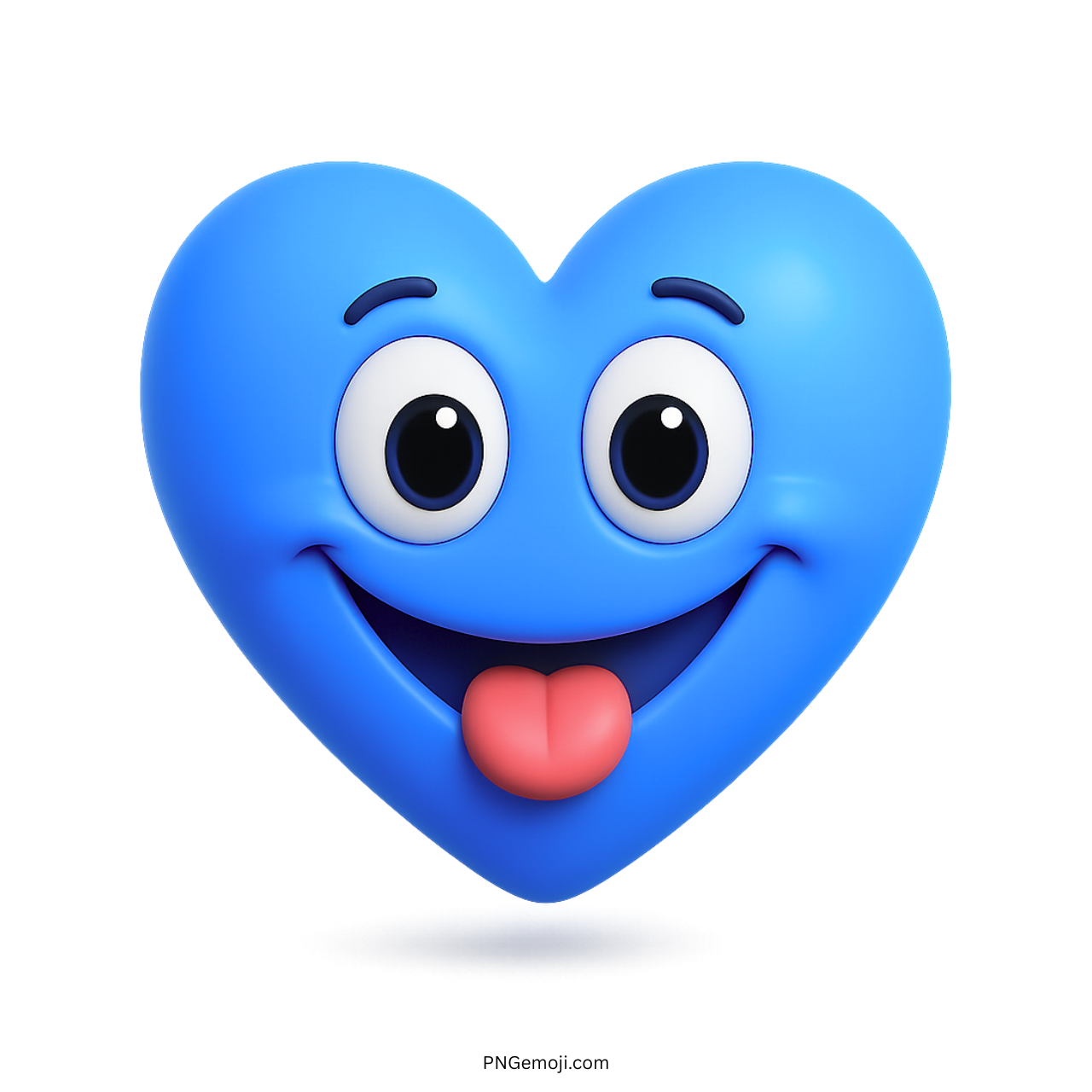 Playful blue heart emoji with big eyes and tongue out in cartoon style