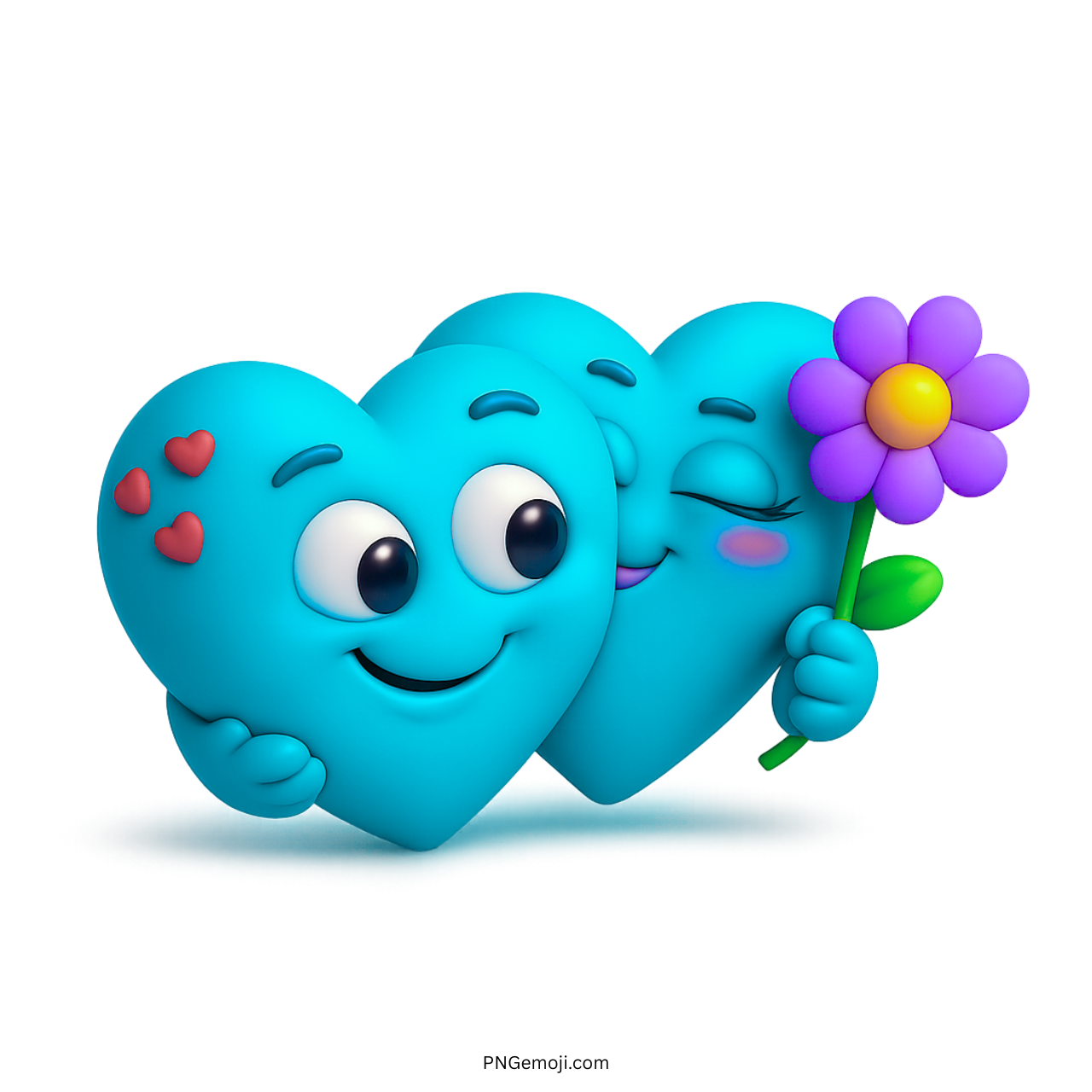 Blue 3D heart emoji couple hugging with flower and showing romantic expressions