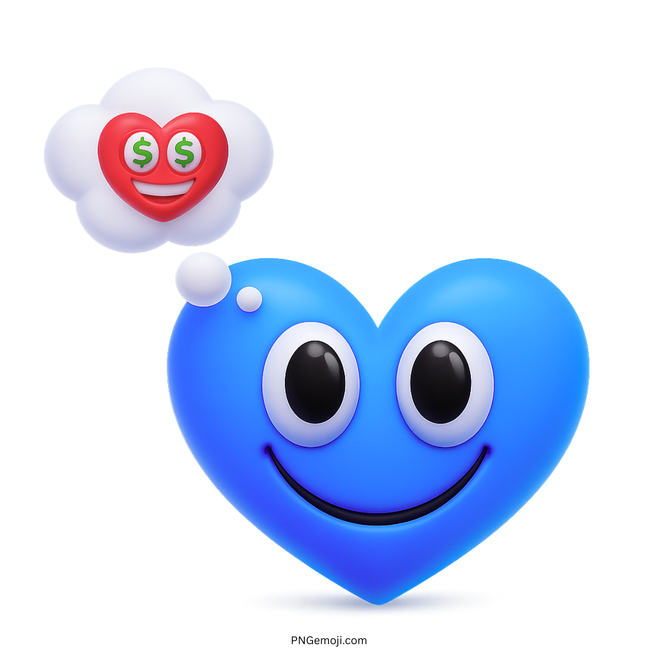 3D blue heart emoji dreaming of money and love with dollar eyes