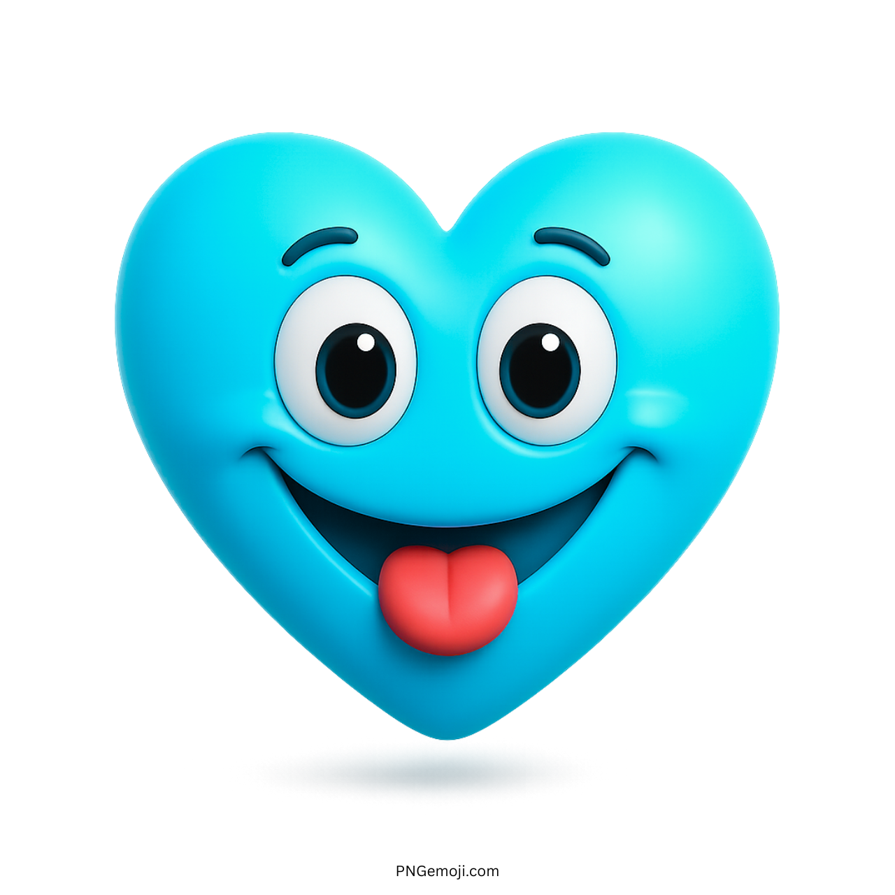 Cute blue heart emoji with tongue out and joyful cartoon-style 3D face