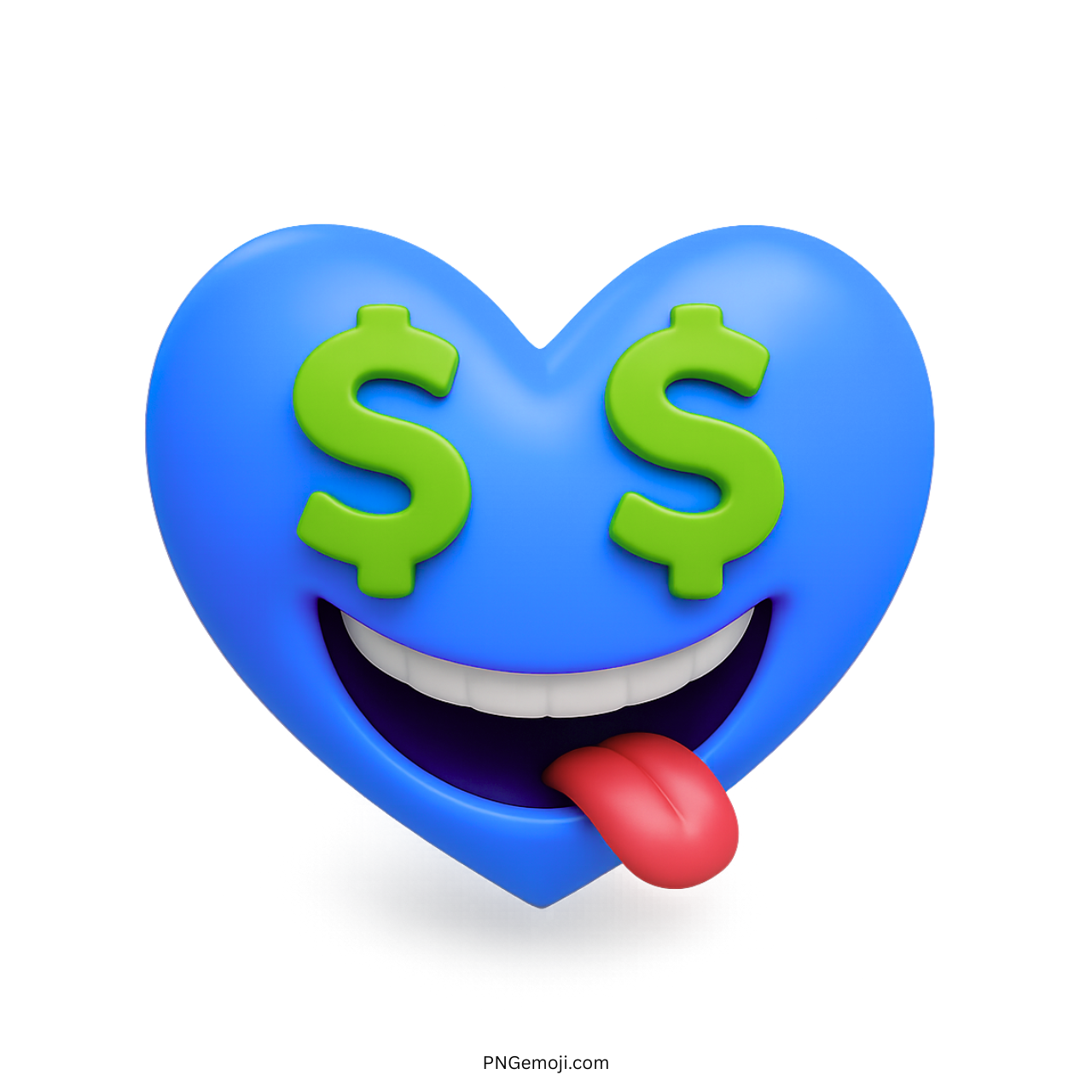 Blue heart emoji with green dollar eyes and tongue sticking out playfully