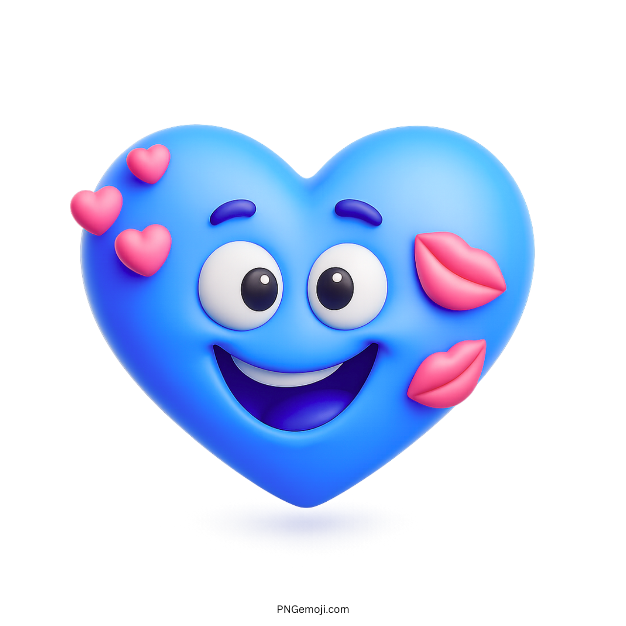 3D blue heart emoji with kiss marks and small pink love hearts