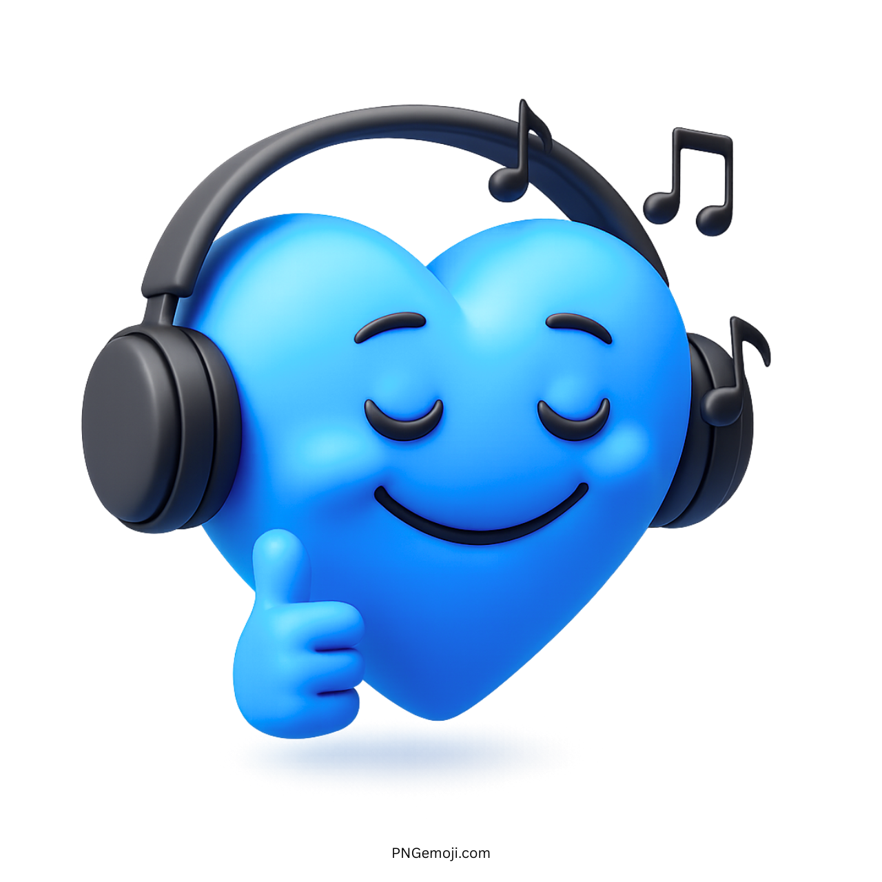 3D blue heart emoji enjoying music with headphones and music notes