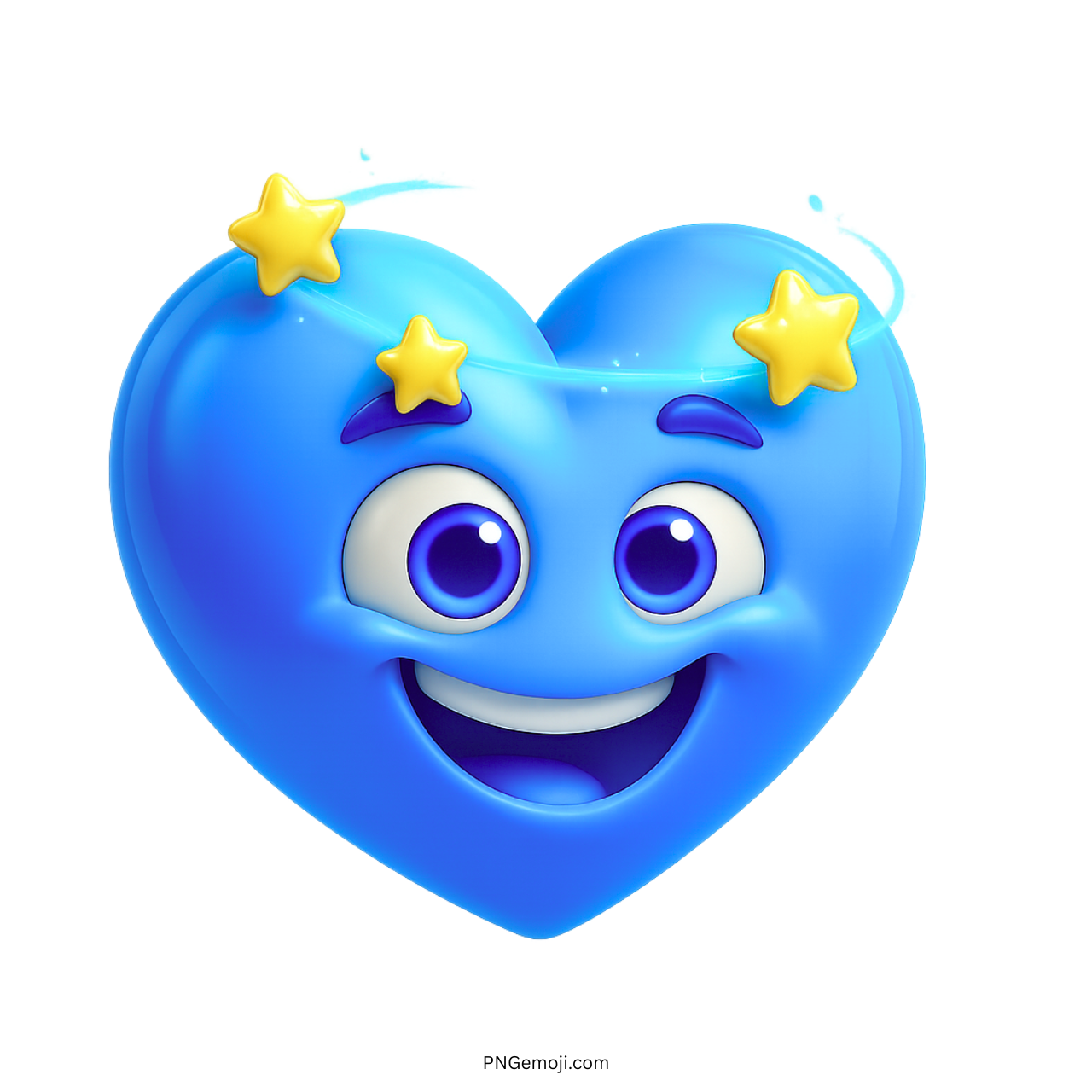 Blue heart emoji with happy face and spinning yellow stars around its head