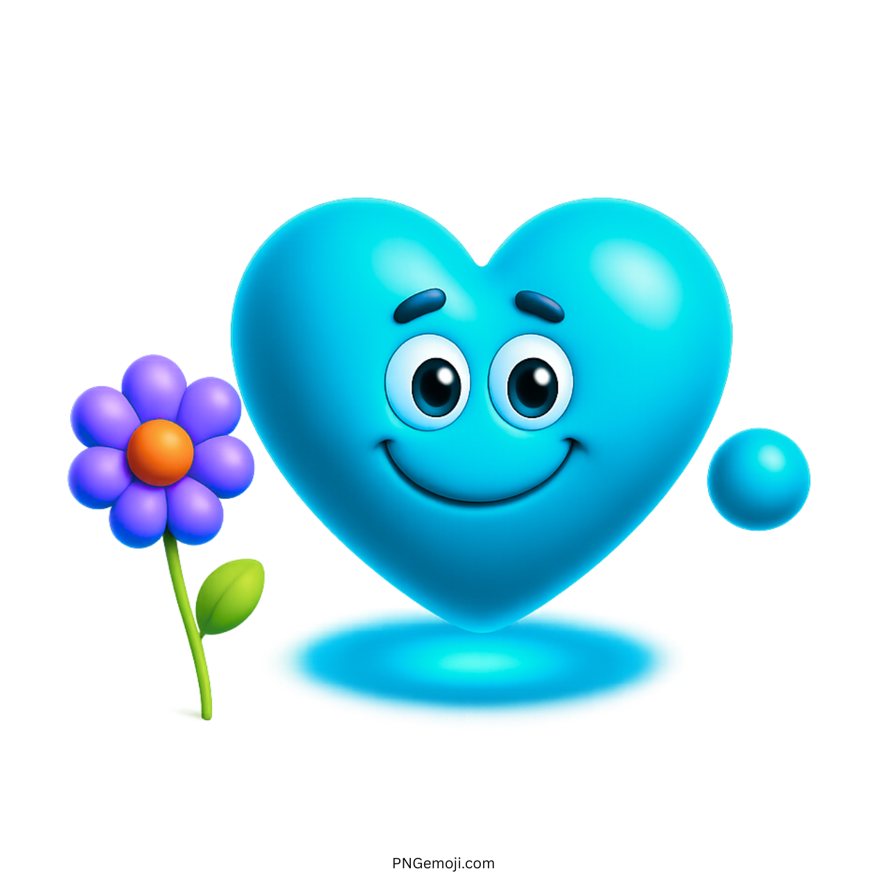 Cute blue heart emoji with purple flower and smiling cartoon face