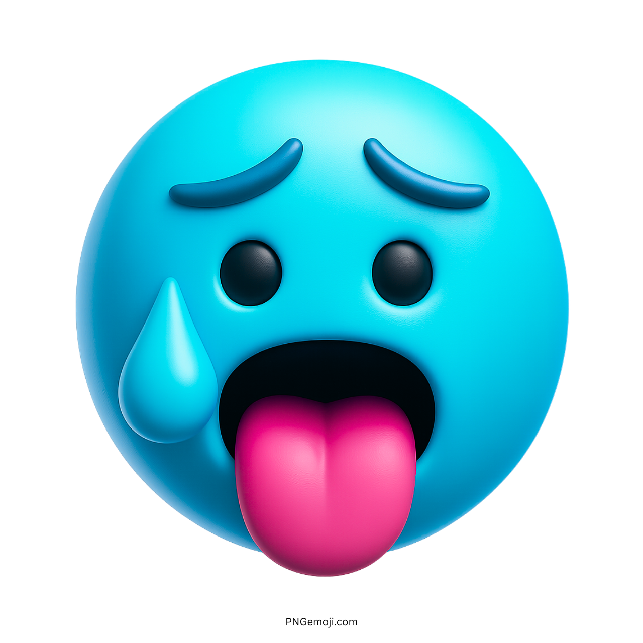 Blue 3D hot face emoji with tongue out and sweat drop expression