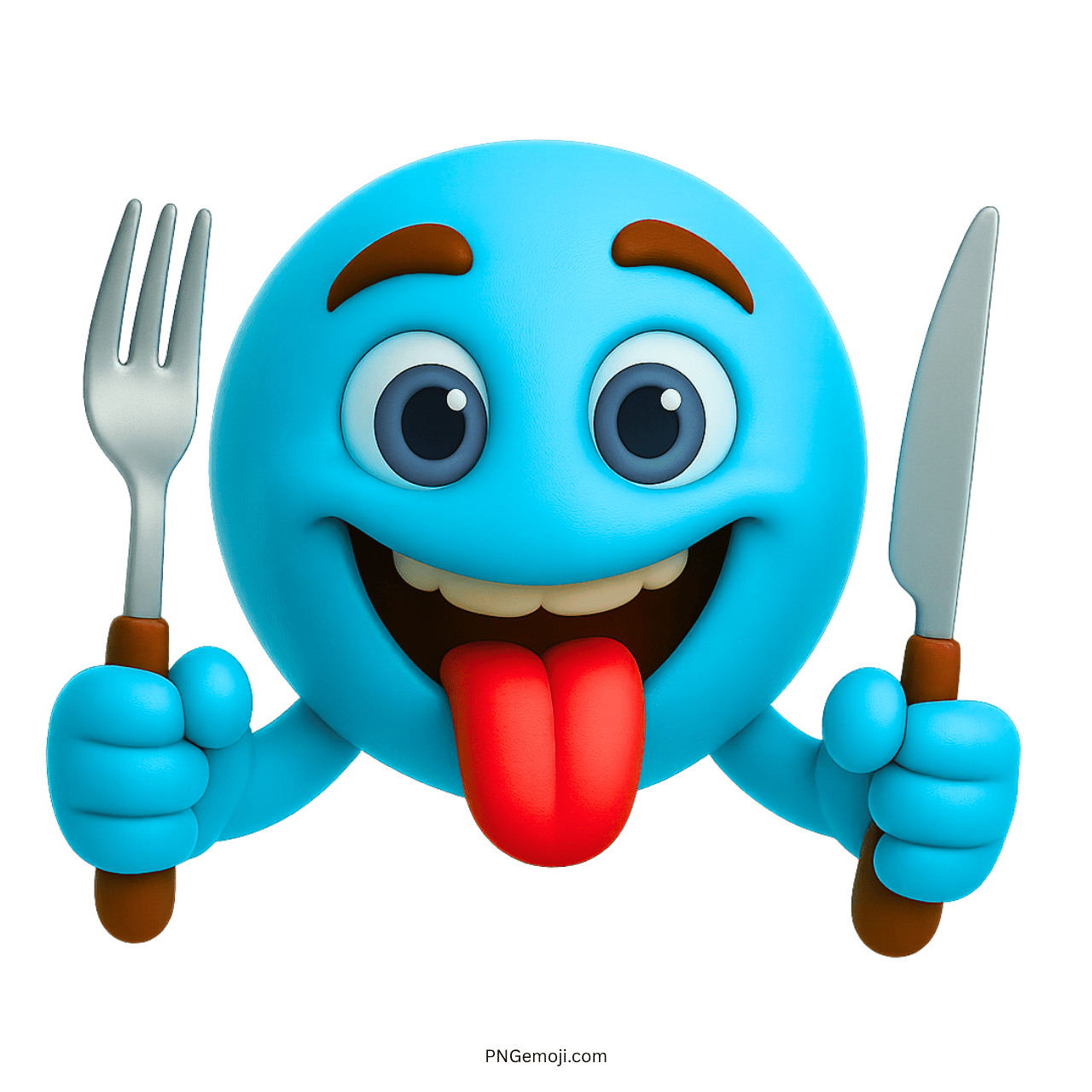 Blue hungry emoji with fork and knife, tongue out, and smiling face