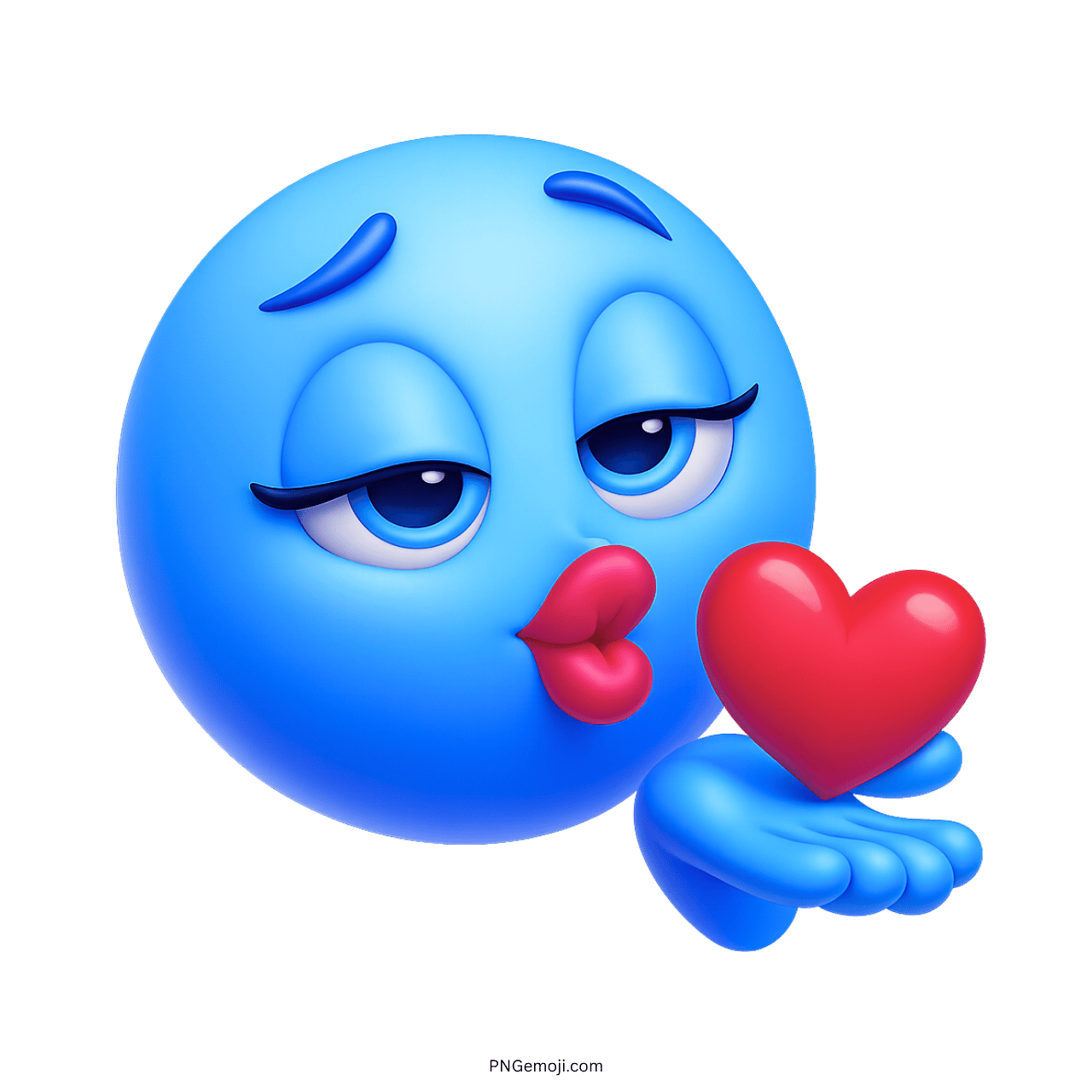 3D blue emoji blowing kiss with red heart, love and affection emoticon