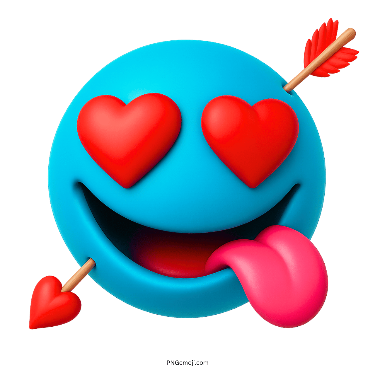 Blue love emoji with red heart eyes, tongue out, and struck by Cupid’s arrows