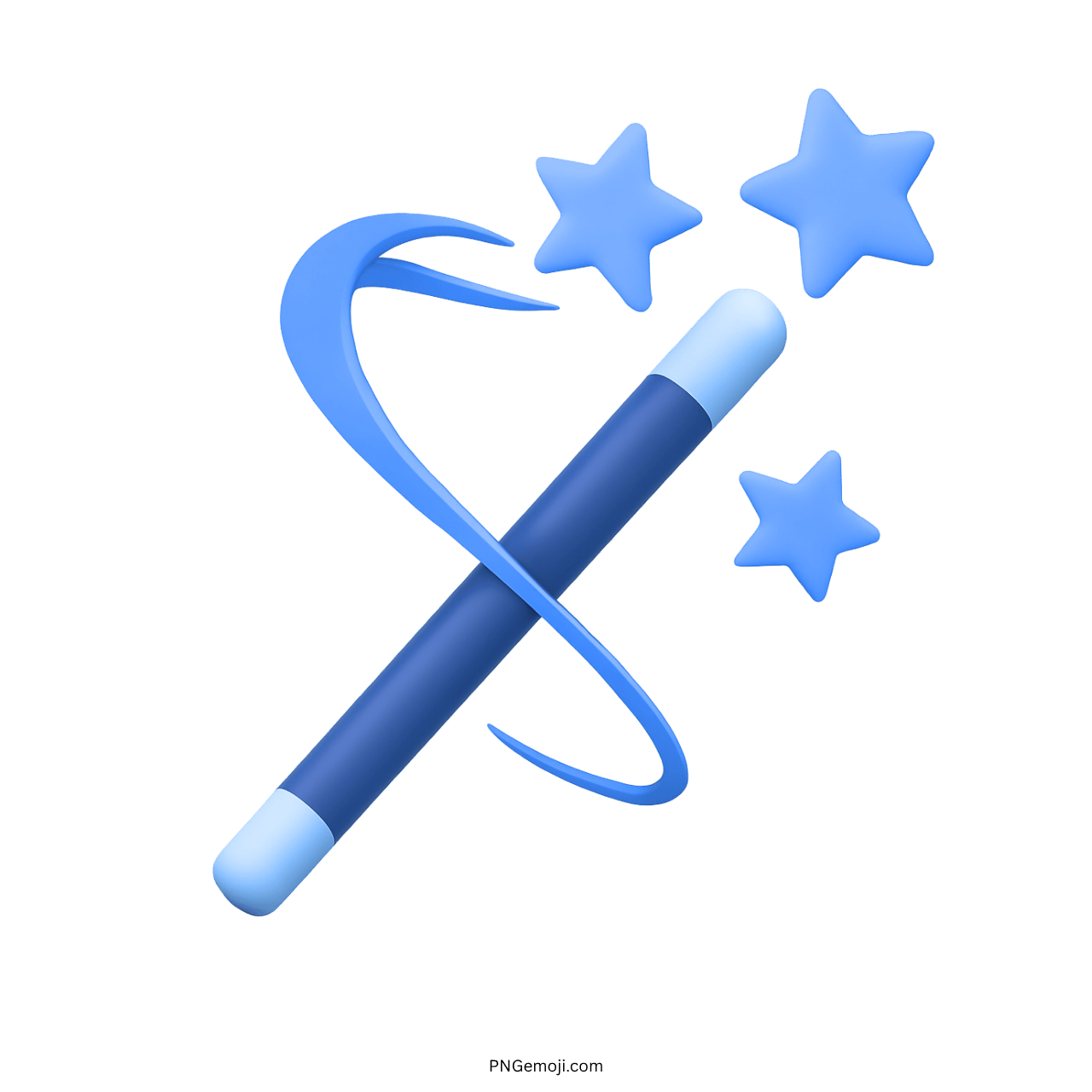 3D magic wand emoji with blue stars and a swirling trail on a transparent background.