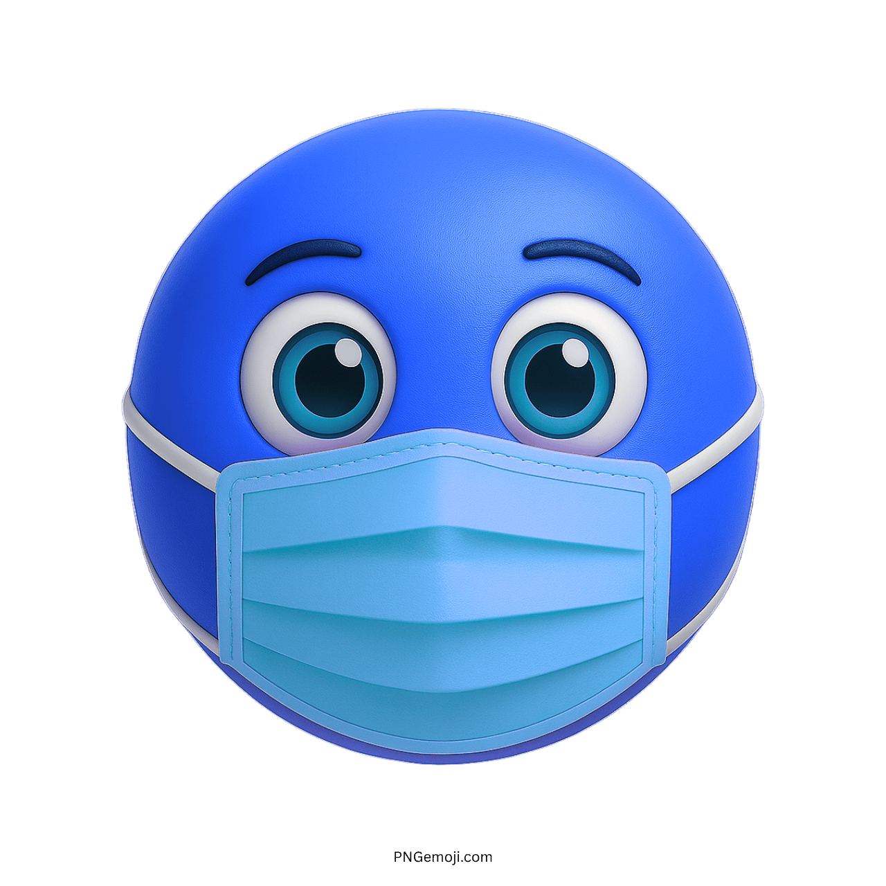 Blue emoji face wearing medical mask with wide eyes and cautious expression