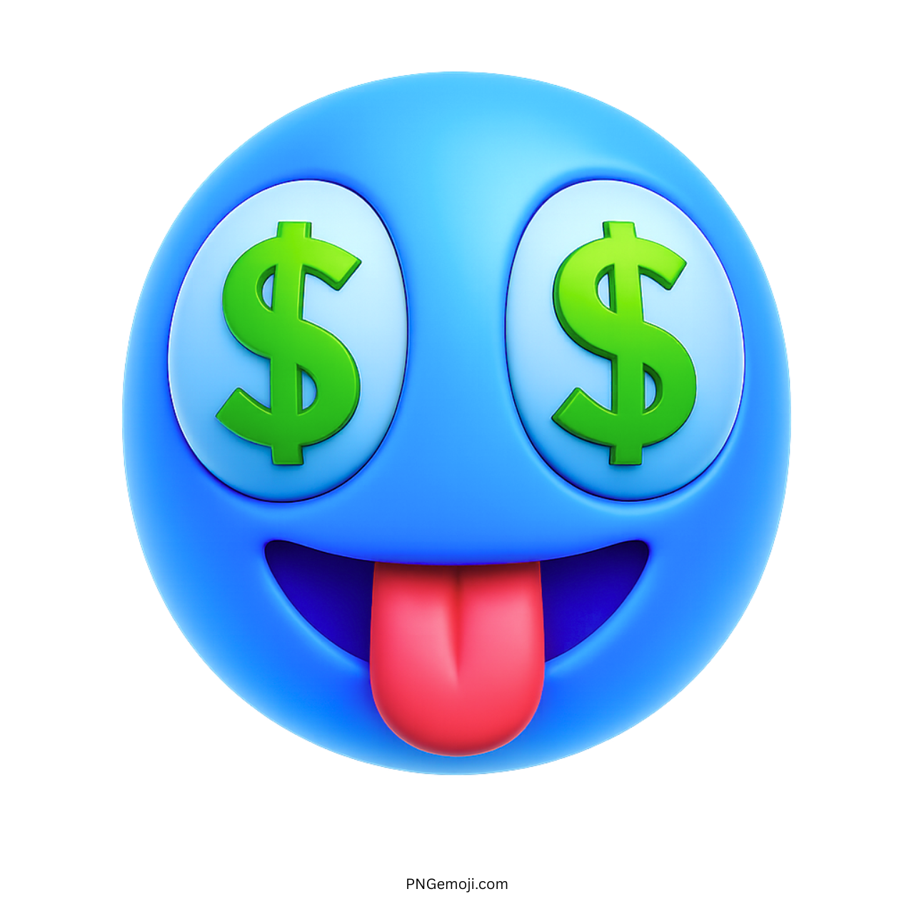 Blue emoji with dollar sign eyes and tongue out showing money-crazy expression