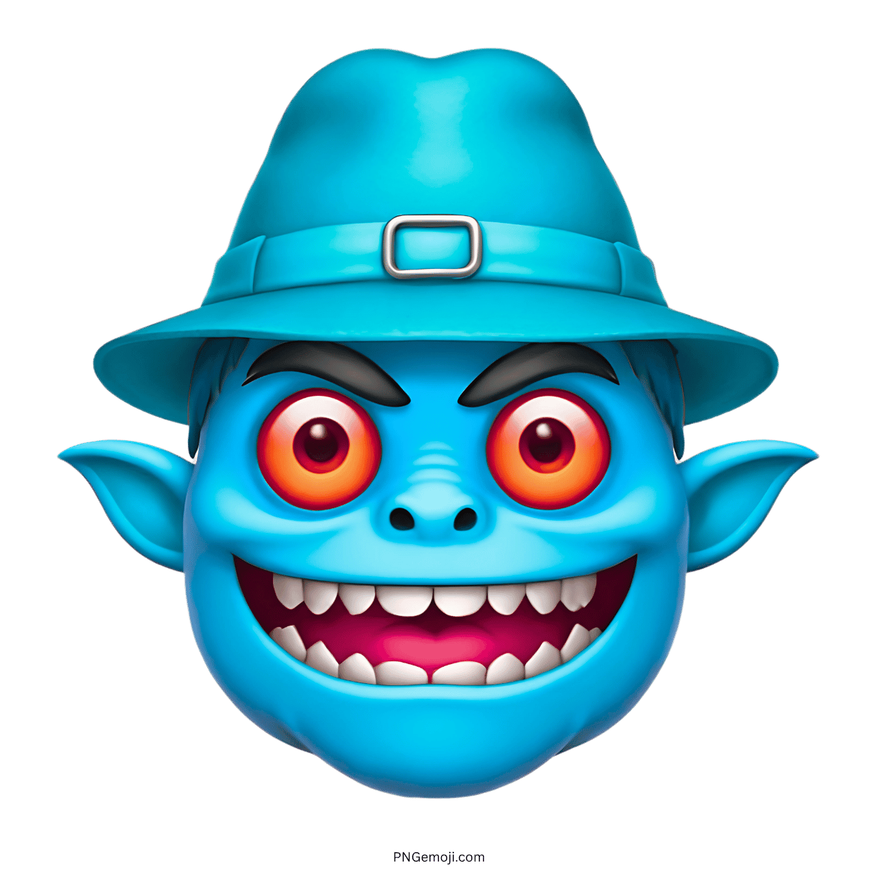 Blue monster with red eyes, wide grin, and blue hat, emoji character.