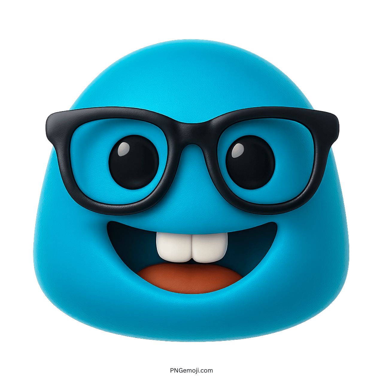 blue nerd face emoji with black glasses smiling and showing large white teeth