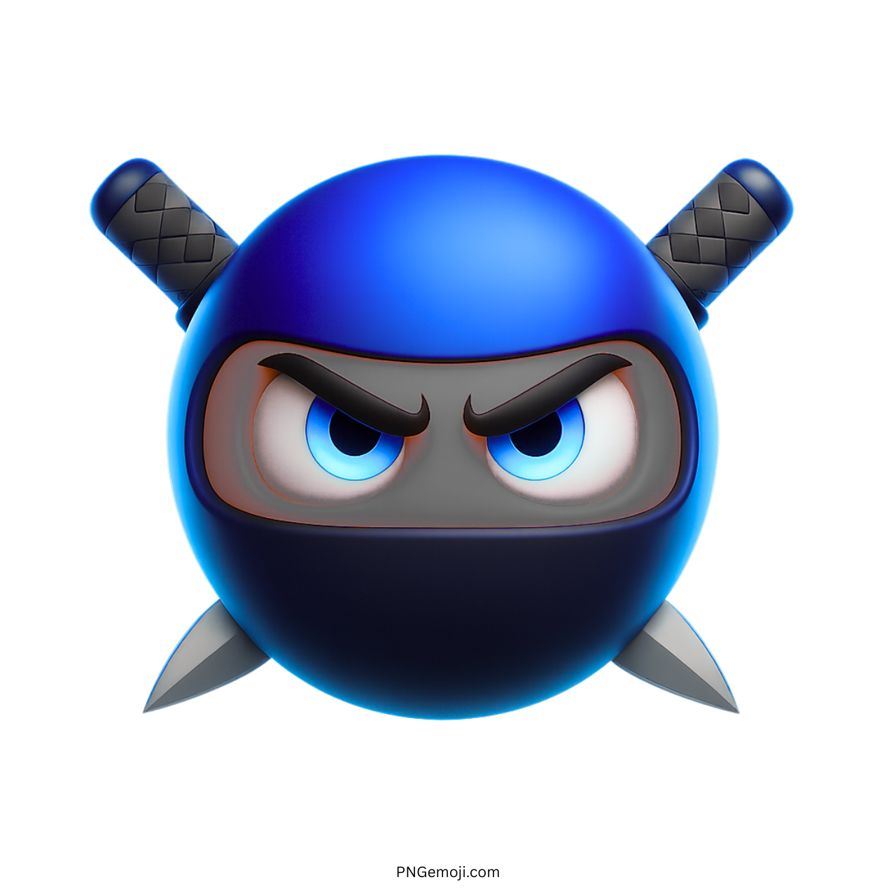 3D blue ninja emoji face with swords and angry expression on transparent background