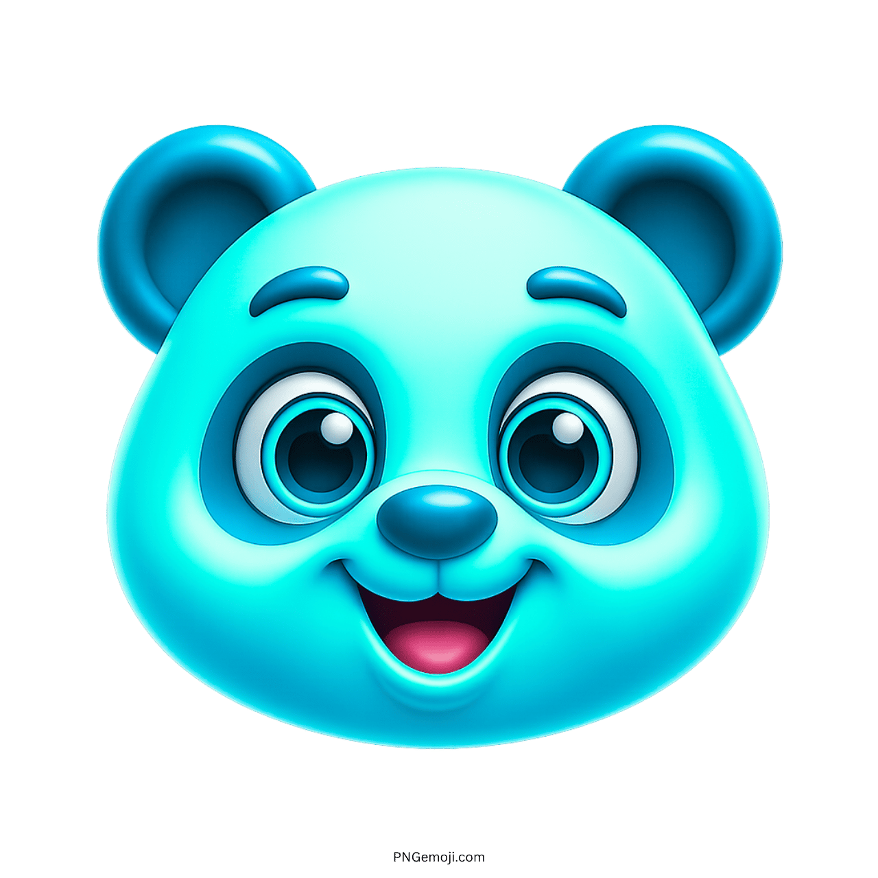 Cute blue panda face emoji with big blue eyes, cartoon style, smiling happily, blue ears, vibrant colors, cheerful expression.