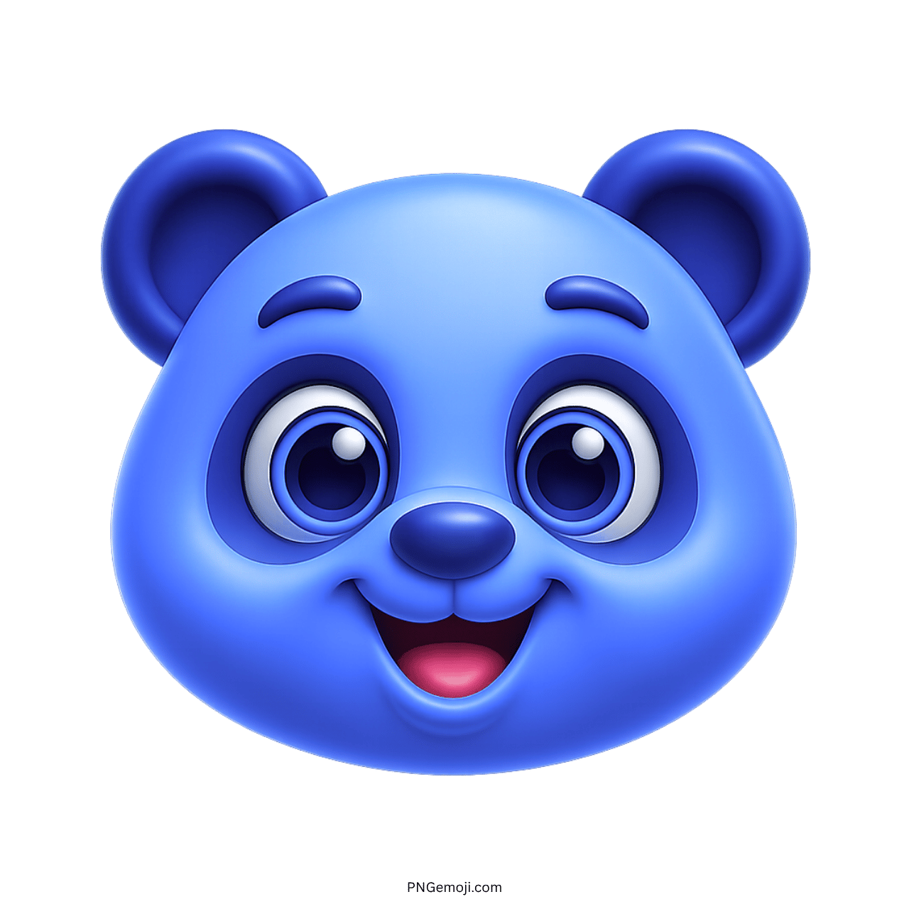 Cute blue panda face emoji with big eyes, smiling, cartoon style, green background, adorable expression, PNG format.