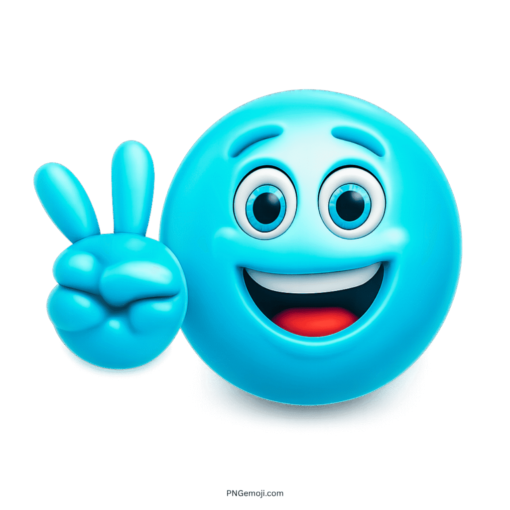 Blue smiley face emoji showing peace hand gesture with cheerful happy expression.