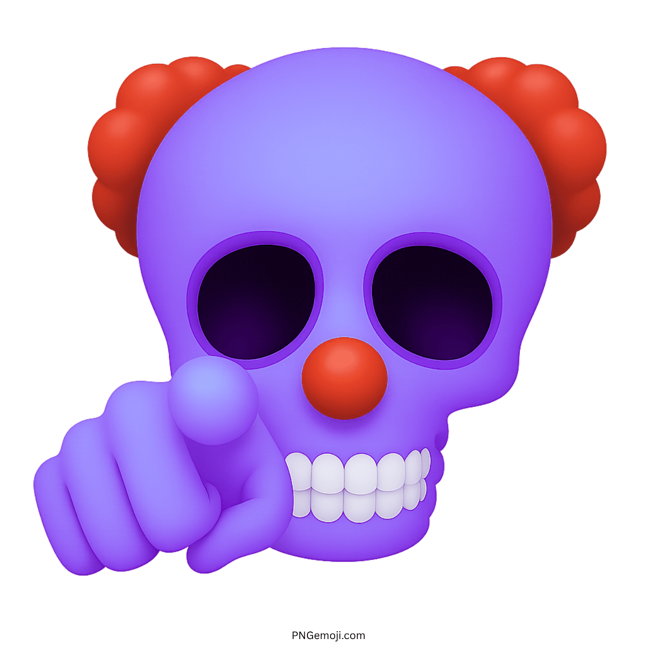 Blue-purple clown skull emoji with red hair and nose pointing forward