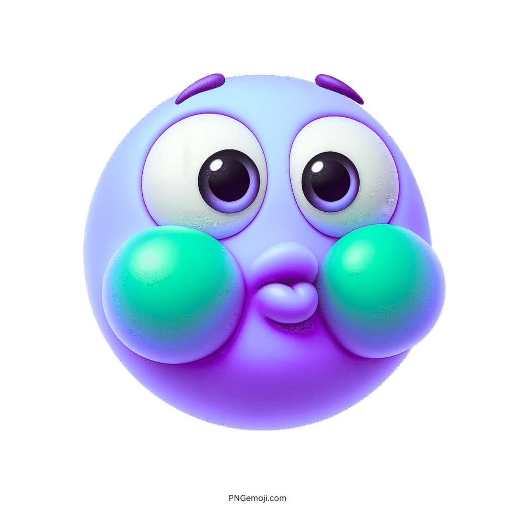 Blue-purple shy smiley emoji with puffed cheeks, cute cartoon expression, and big eyes