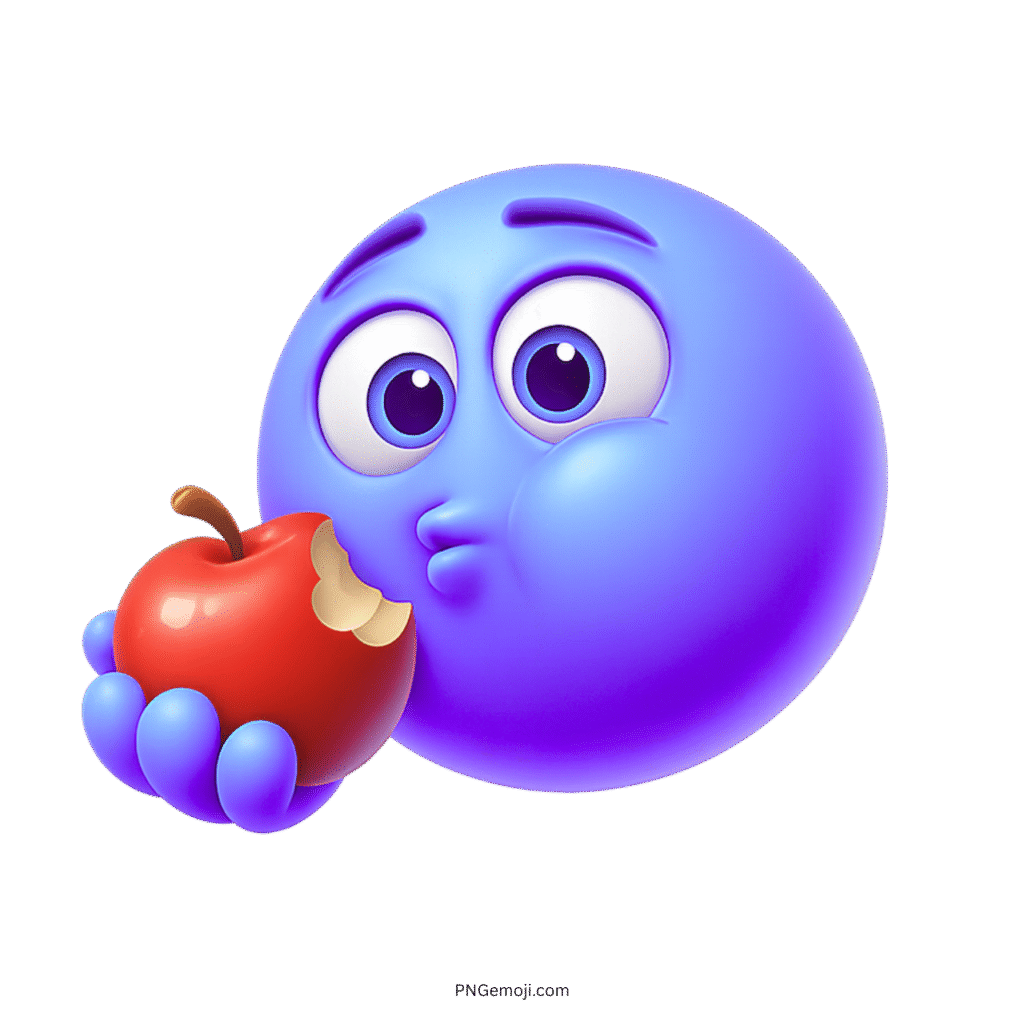 3D blue-purple emoji eating red apple with puffed cheeks and surprised eyes