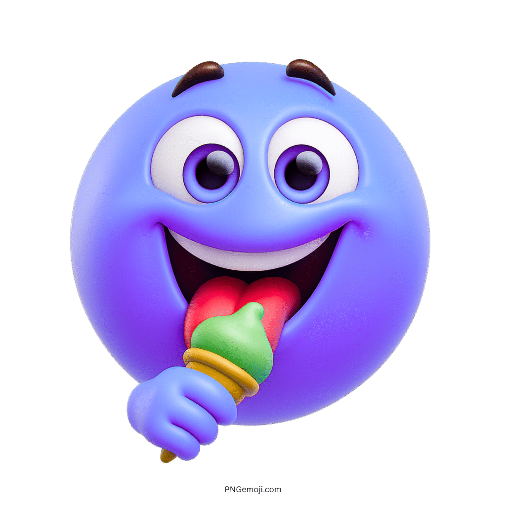 Blue-purple emoji licking green and red ice cream with cheerful cartoon expression