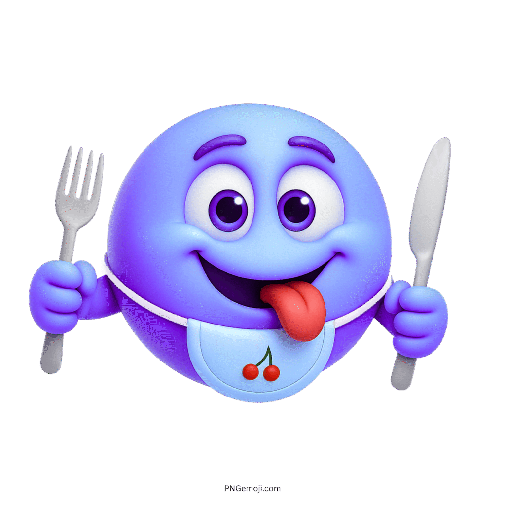 Blue purple emoji with fork, knife, tongue out and cherry bib