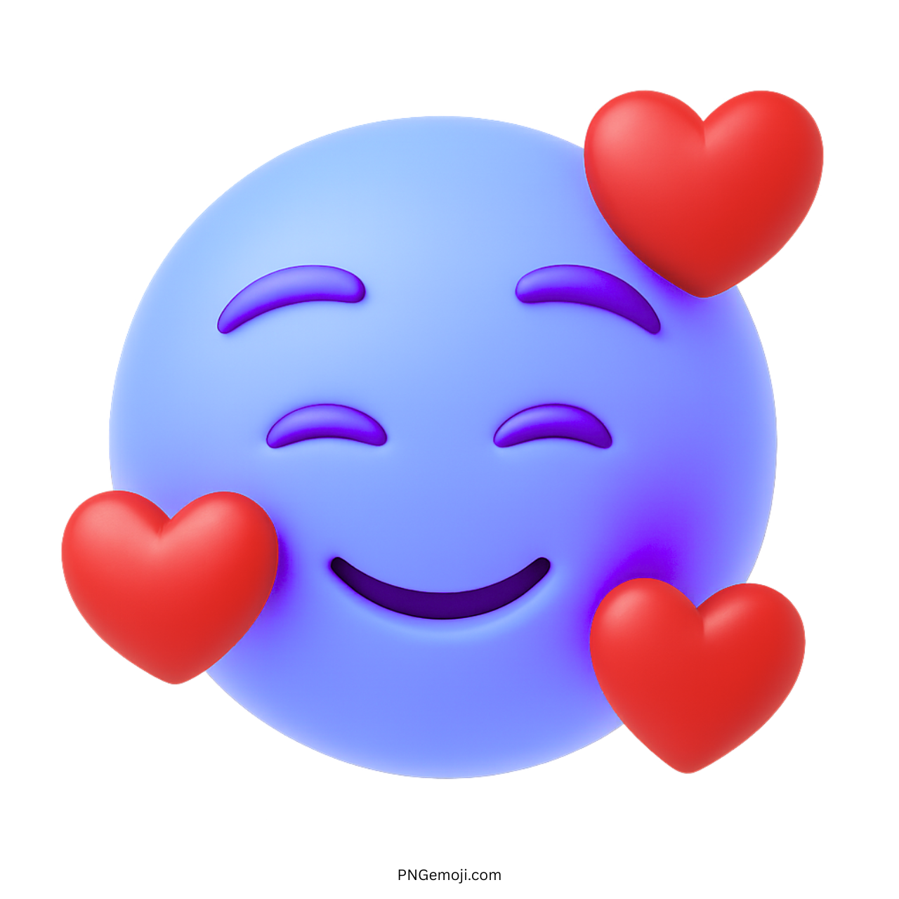 Blue-purple 3D smiling emoji with hearts showing love, affection, and tender emotions