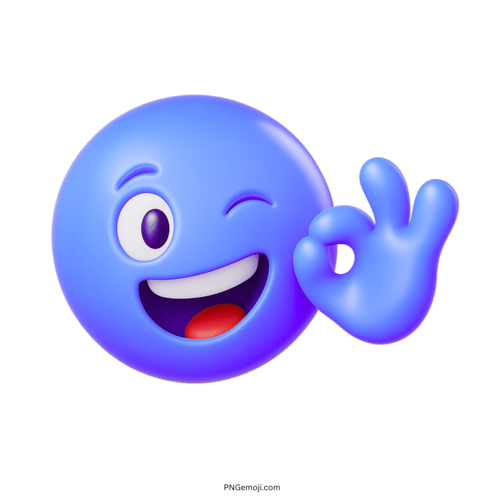 Blue-purple 3D emoji winking with smiling face and OK hand gesture