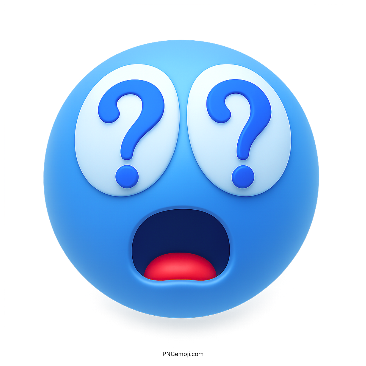 Blue emoji with question mark eyes and open shocked mouth expression