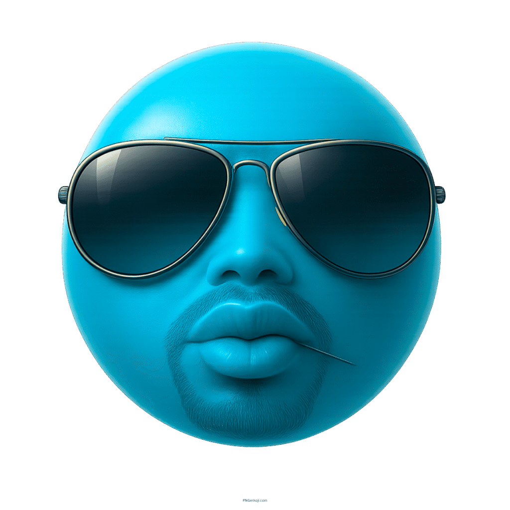 Blue emoji face with sunglasses beard and toothpick showing confident chill vibe