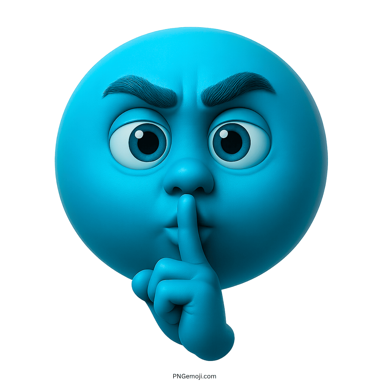 3D blue emoji face making shushing gesture with raised brows and finger on lips
