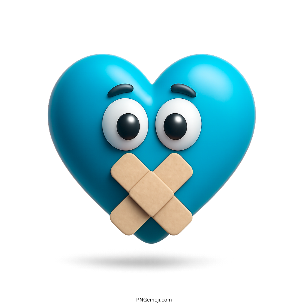 Blue heart emoji with bandaged mouth and wide eyes expressing silence or heartbreak