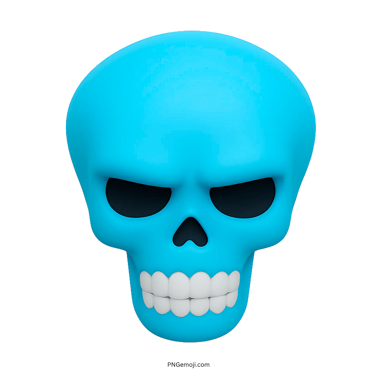 3D blue skull emoji with black eyes and white teeth on transparent background