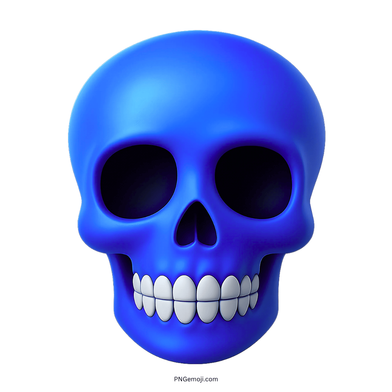 Blue skull emoji icon in 3D design with cartoon-style details on transparent background