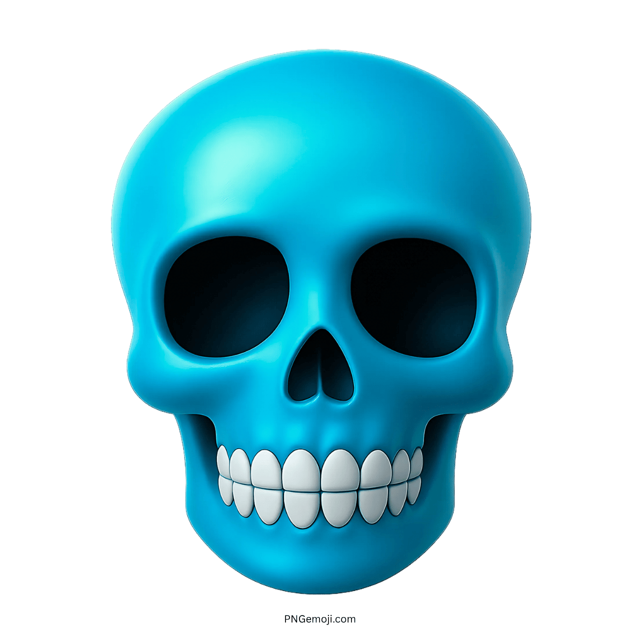 Glossy 3D blue skull emoji with white teeth and dark eye sockets on transparent background