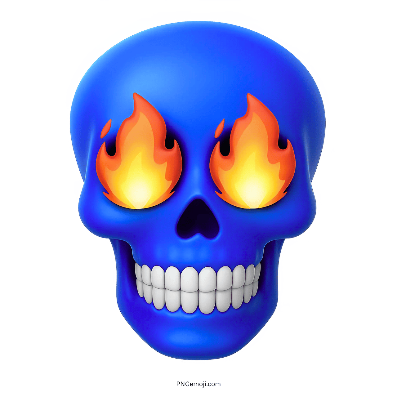 Blue skull emoji with flaming fire eyes and big smiling teeth