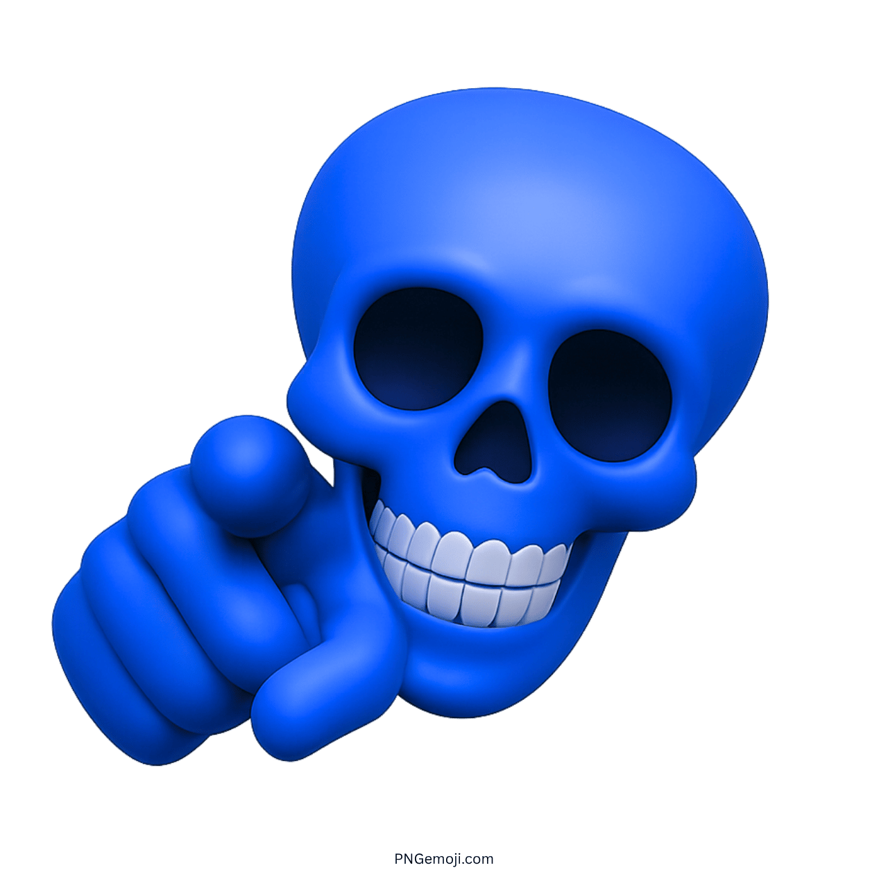 3D blue skull emoji pointing forward with smiling face and hollow eyes