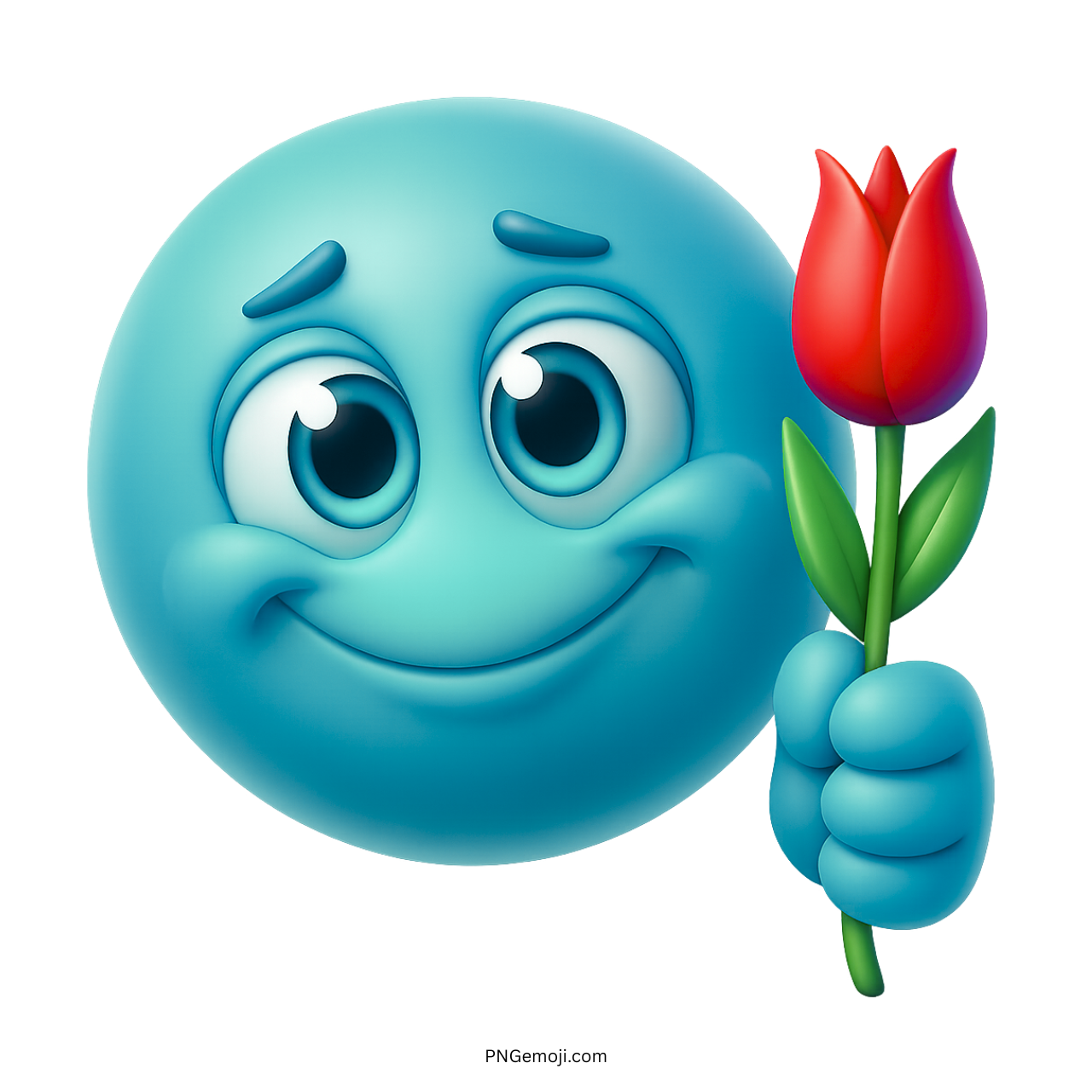 Blue smile emoji with big eyes holding red rose in cute cartoon style