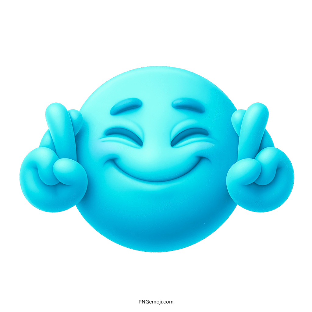 3D blue emoji smiling with fingers crossed showing trust, hope, and calm positivity