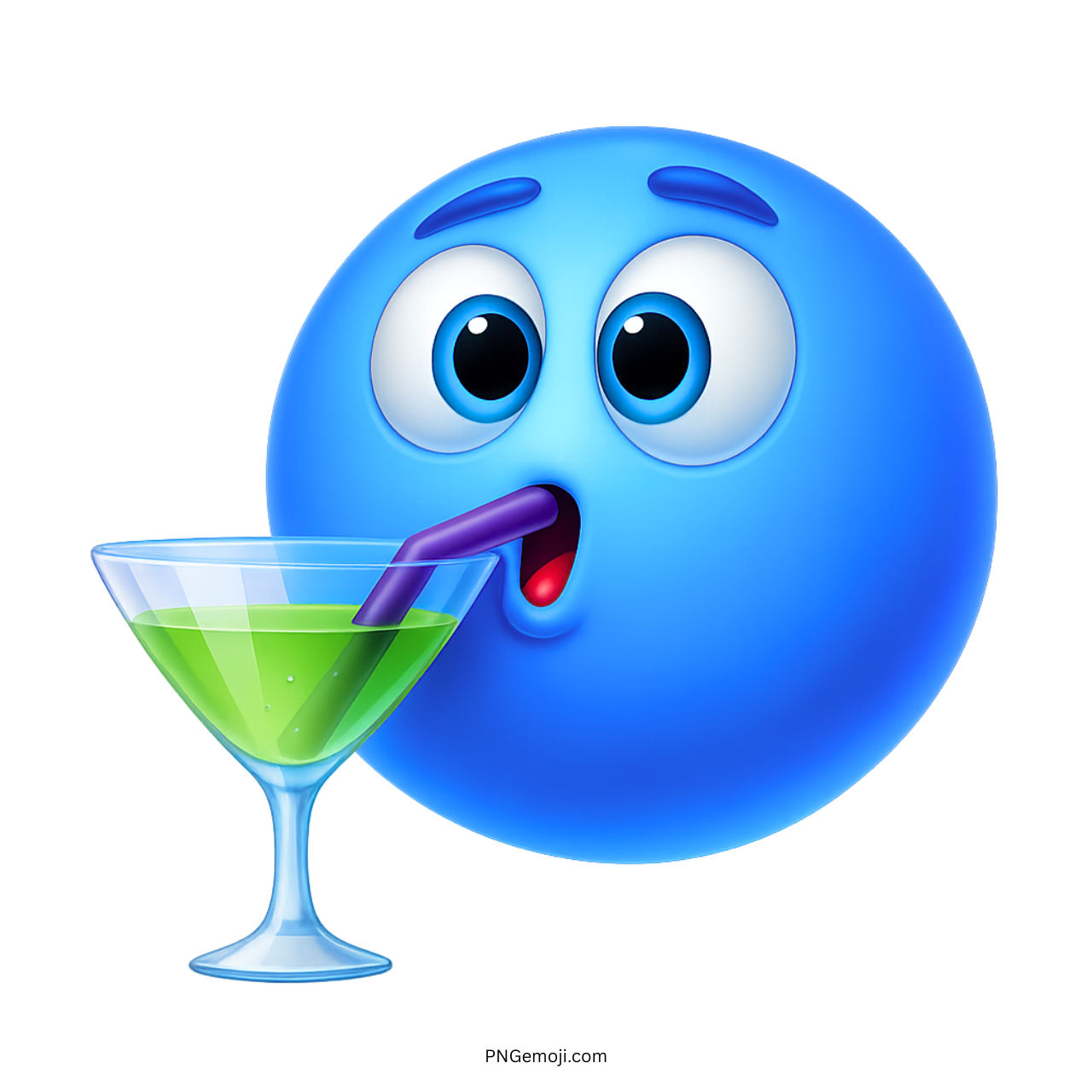 Blue emoji face sipping green cocktail from glass using purple straw, expressive fun icon