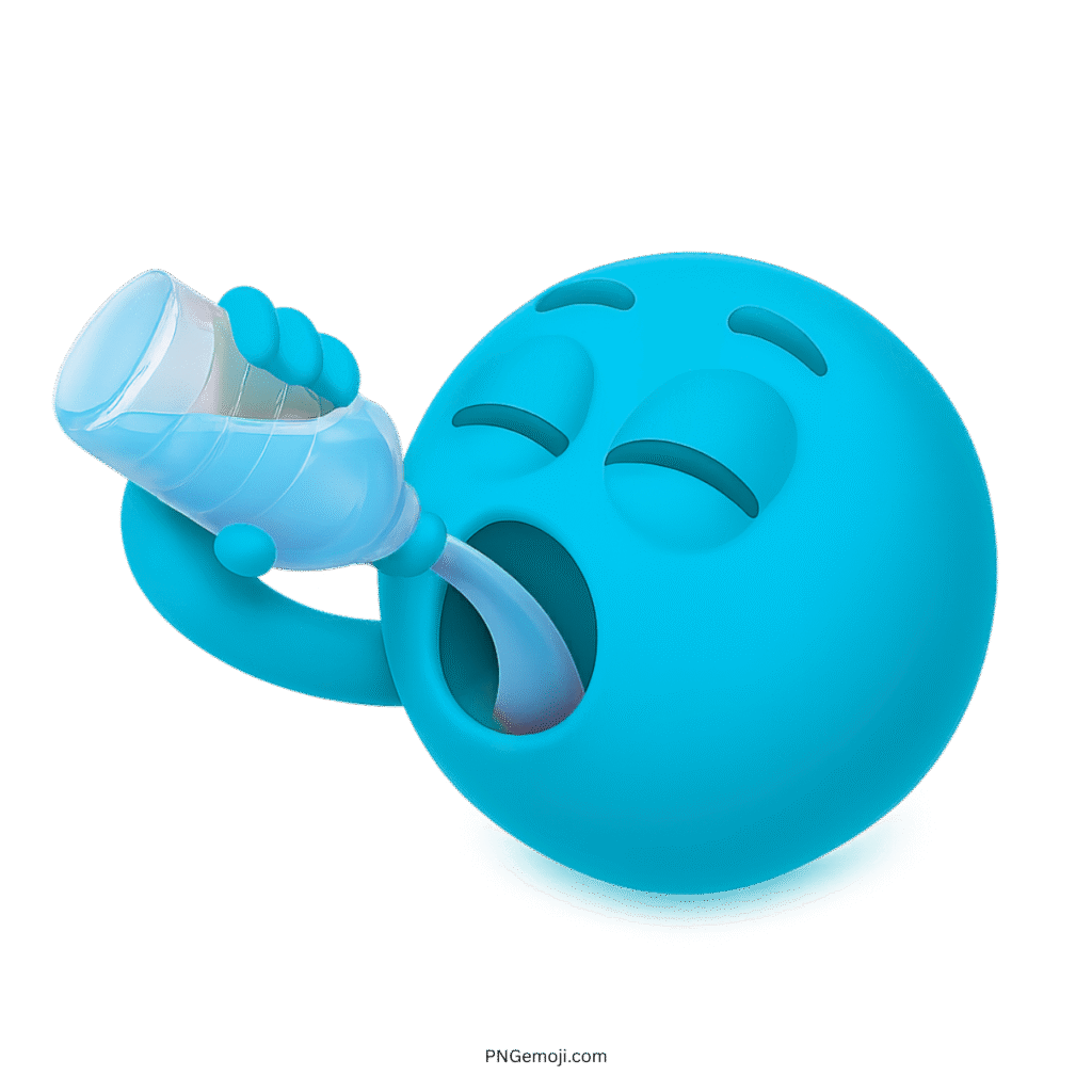 3D blue emoji character drinking water from bottle to show hydration and thirst relief